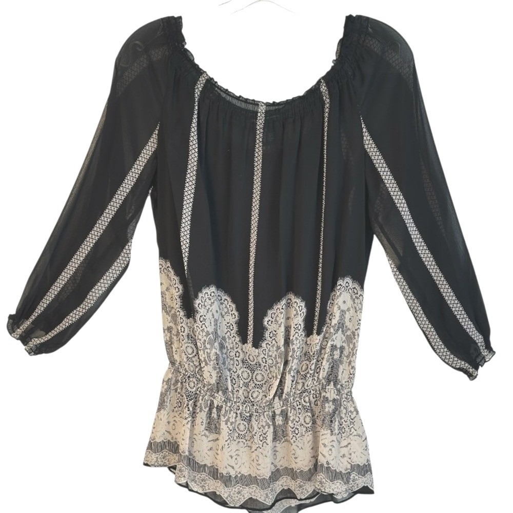 INC International Concepts Blouse Black White Lace Print Whimisgoth Chic Airy 6
